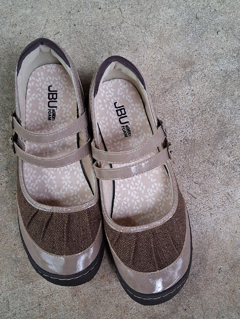 JBU Women's Taupe and Brown Dual-Strap Mary Jane Flats